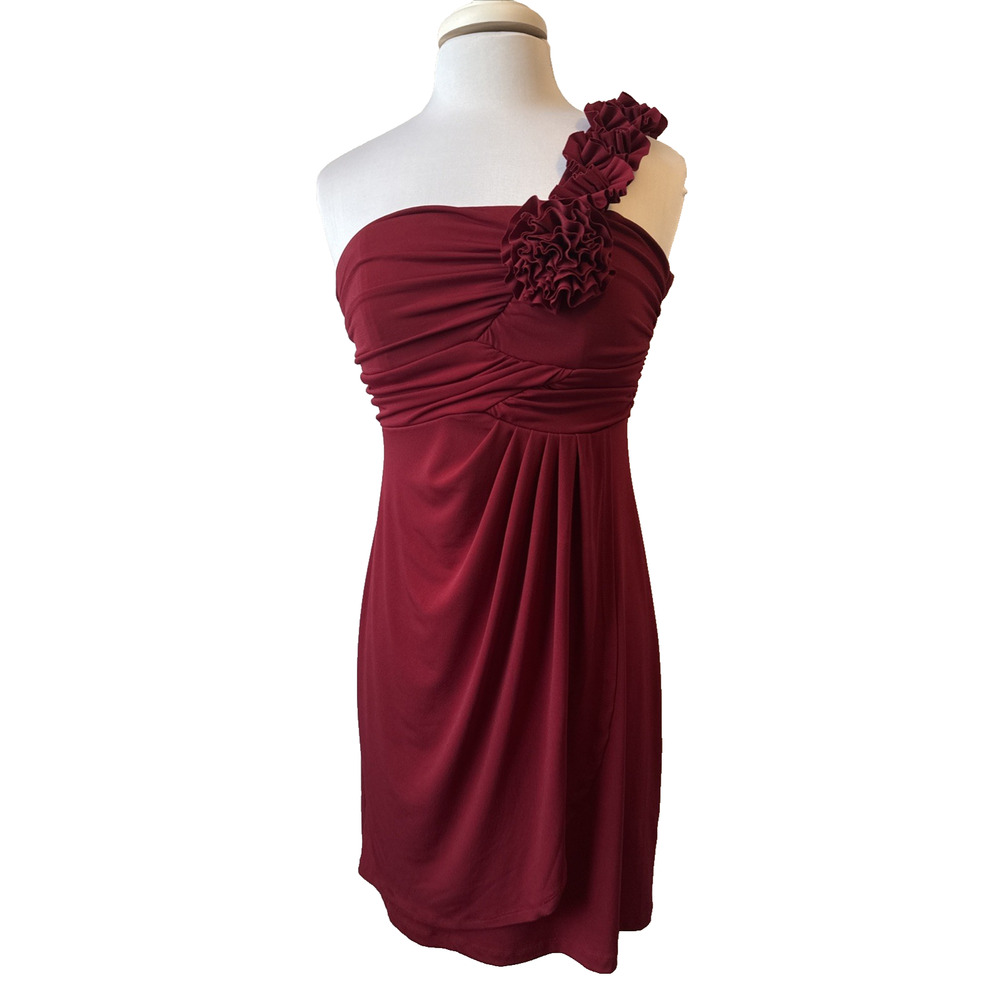 Enfocus Studio Women's 8 Sexy Cocktail Drape Floral One Shoulder Dress Dark‎ Red